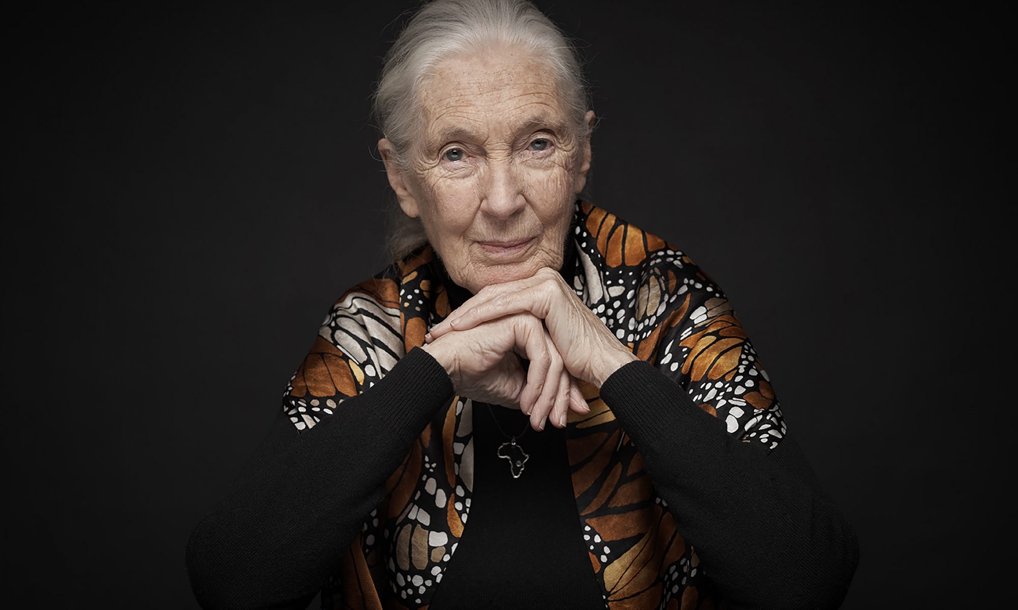 Dr. Jane Goodall in a black sweater and monarch butterfly shoulder scarf against a black background.